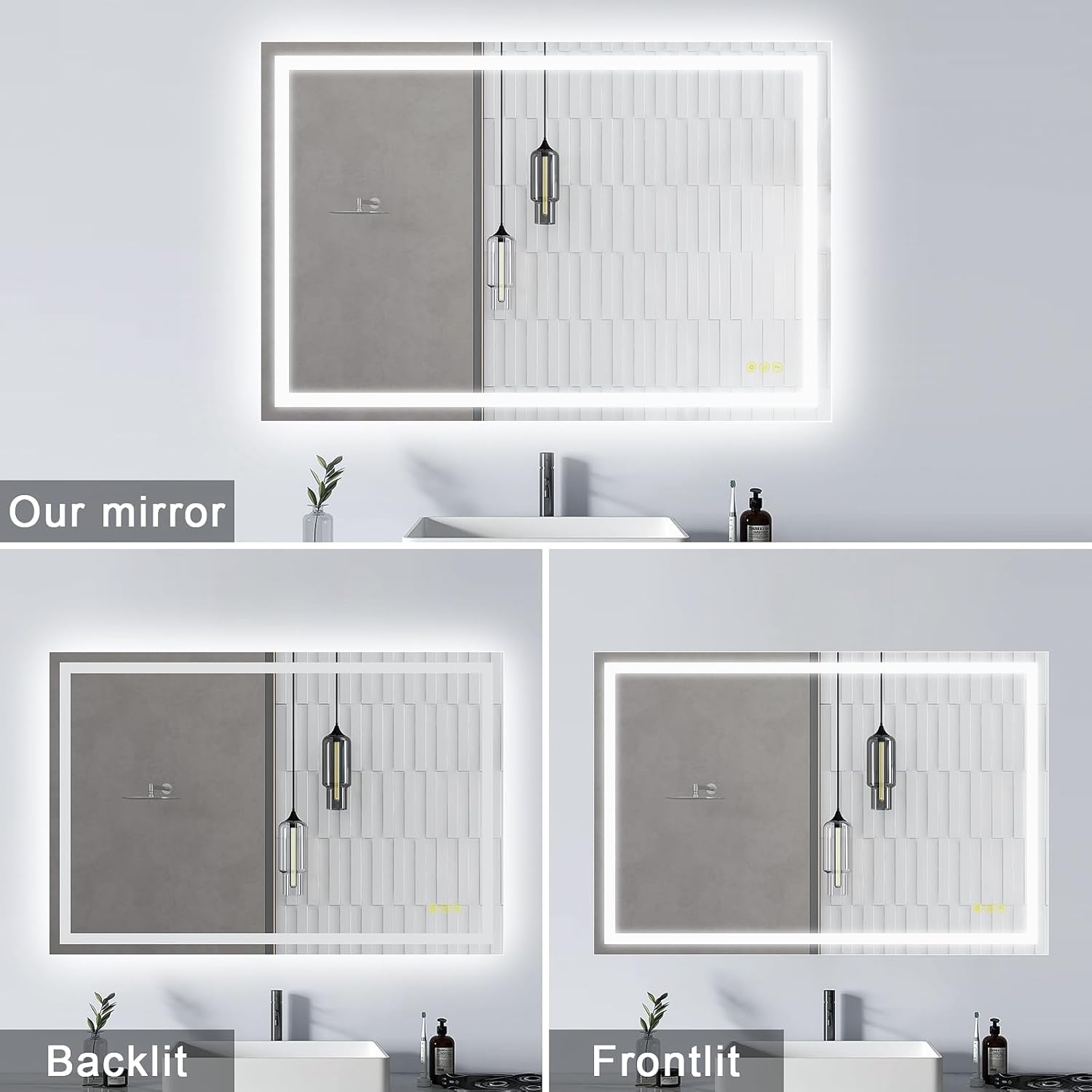 CITYMODA Espejo LED de 24 x 36 pulgadas para baño, antiniebla, 3 colores, regulable, iluminado para montar en la pared, espejo de baño con luces