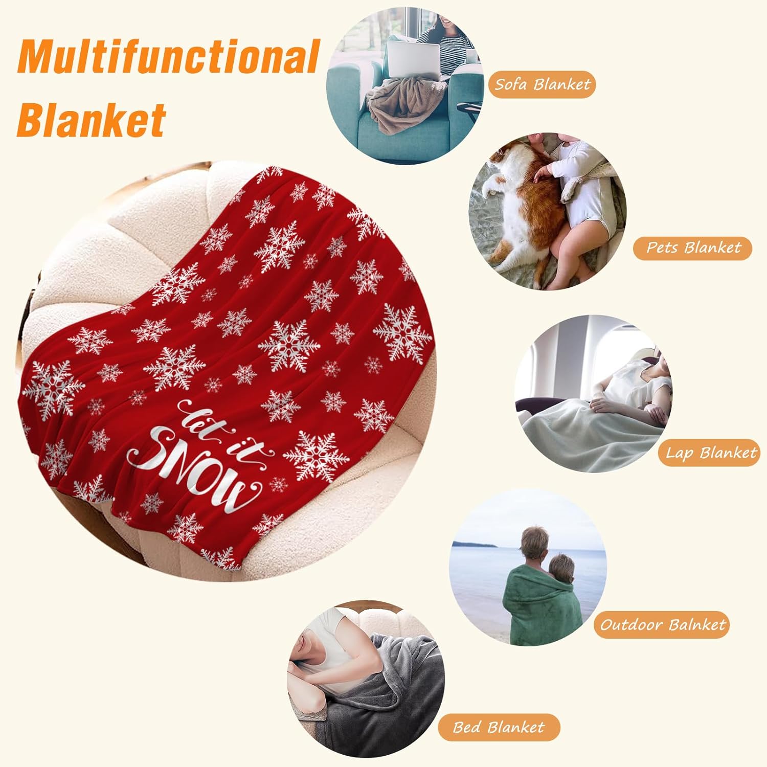 YeeJu Manta decorativa de Navidad, manta de copo de nieve rojo y blanco para sofá, cama, suave, acogedora, ligera, mullida, manta de forro polar de