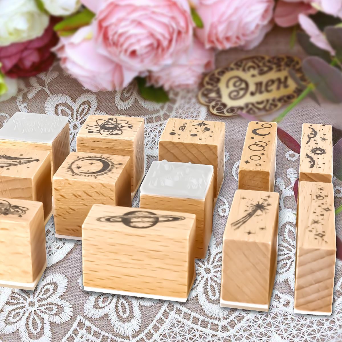 Sello de goma con patrones de plantas de madera, juego de sellos de goma de madera decorativos estrellados para manualidades, tarjetas, álbumes de