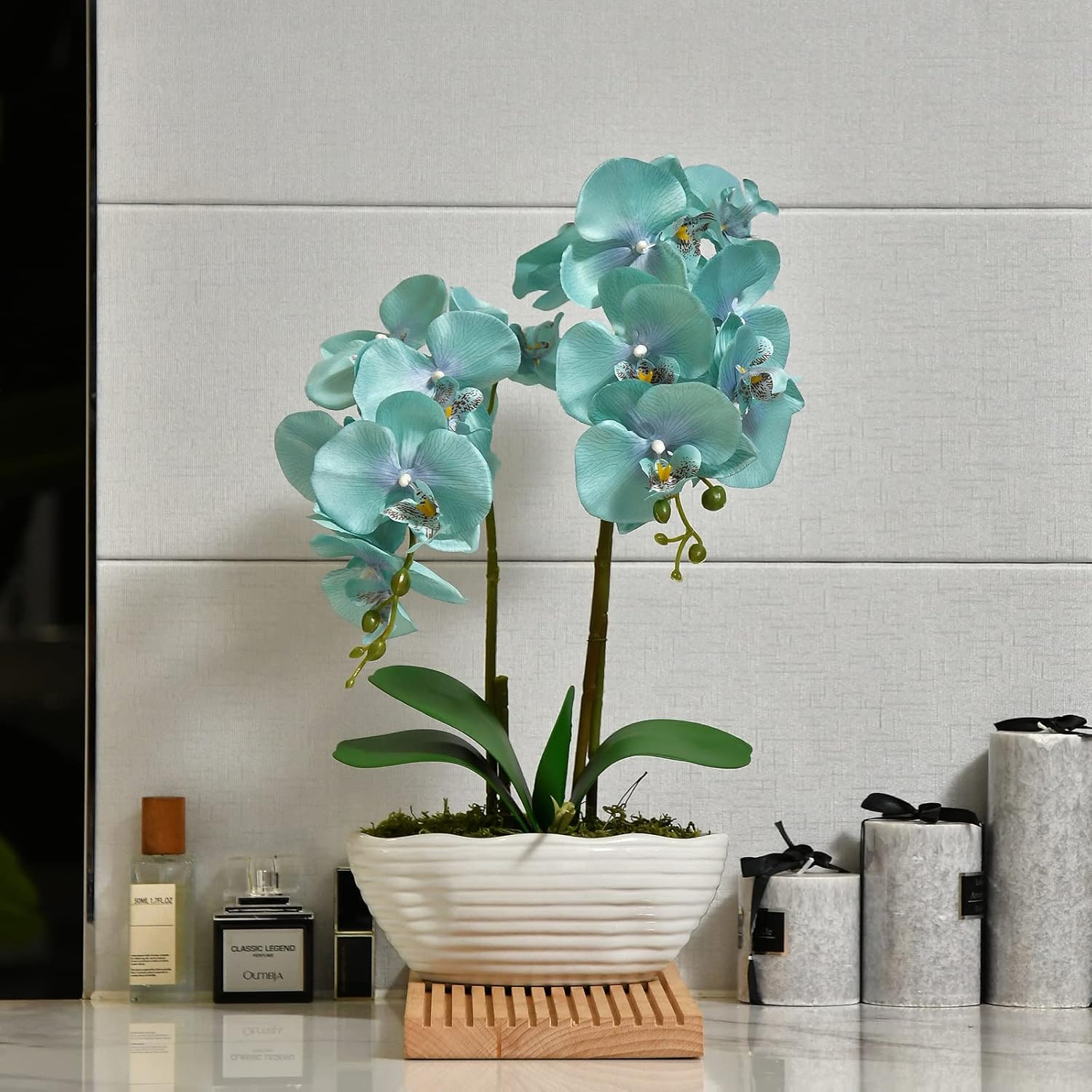 Planta de orquídea artificial grande en maceta, arreglo floral de seda con jarrón de cerámica, azul dorado