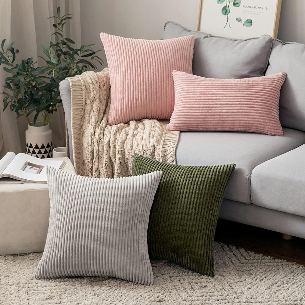 MIULEE Juego de 2 fundas de almohada de pana suave y sólidas a rayas, fundas de cojín cuadradas decorativas para sofá de primavera, dormitorio, 18 x