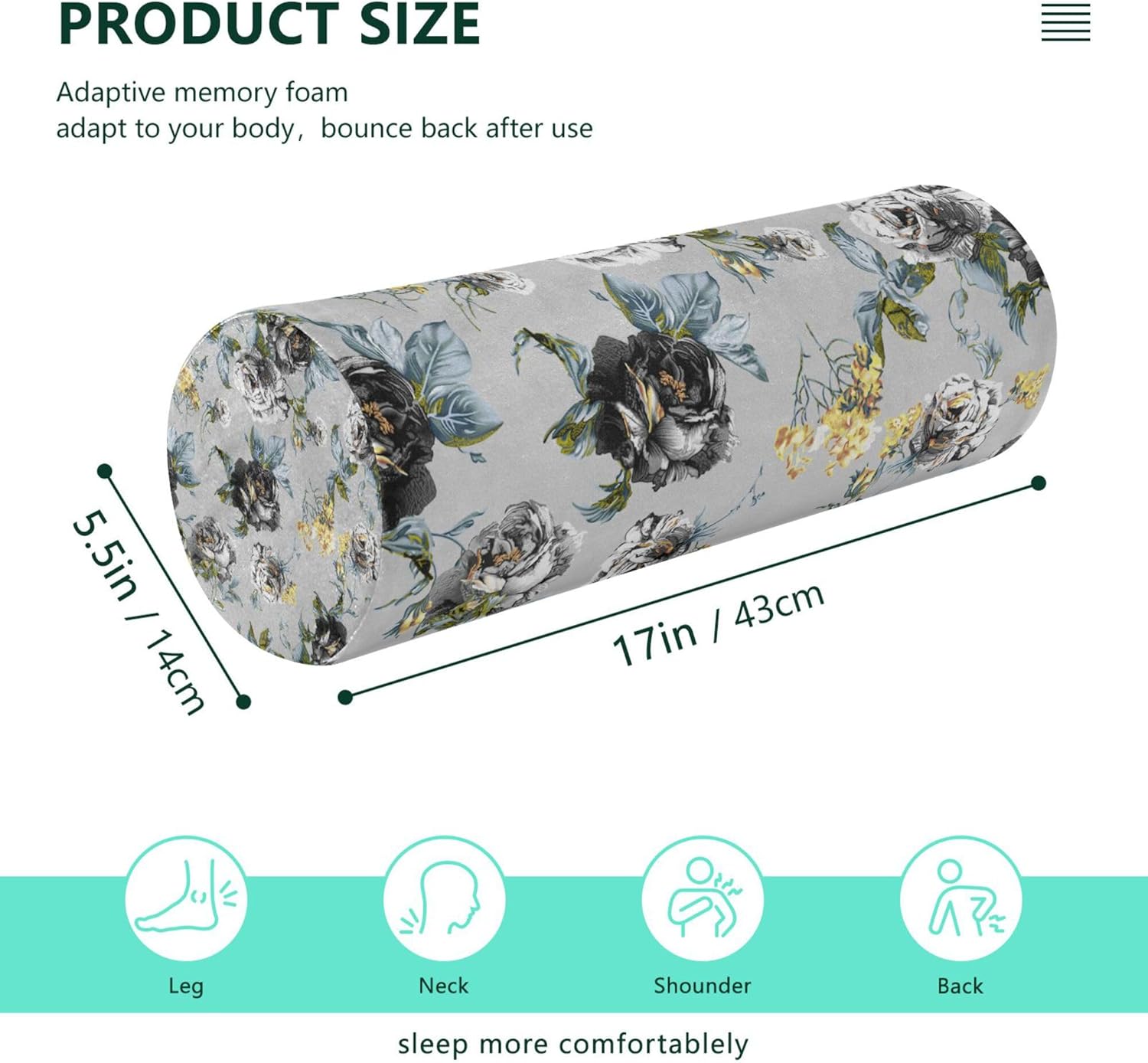 JUNZAN Almohada de cojín de flor de color de agua para piernas Fundas de almohada para dormir Cuello Roll Almohada Cama Cilindros de espuma Soporte