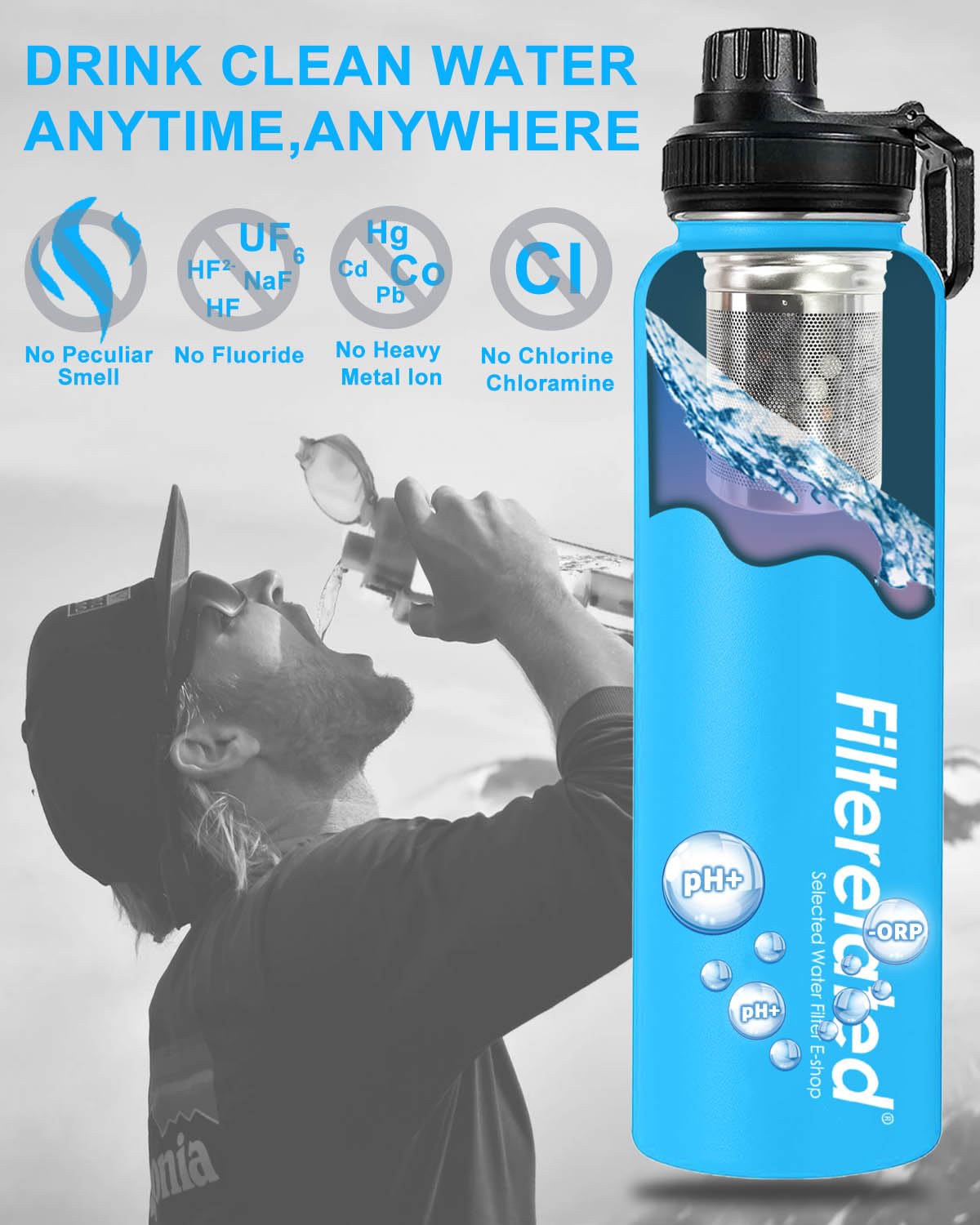 Botella de agua con filtro alcalino portátil de acero inoxidable de 30 onzas, crea hasta 9 ph de agua de calidad, botella de agua de viaje