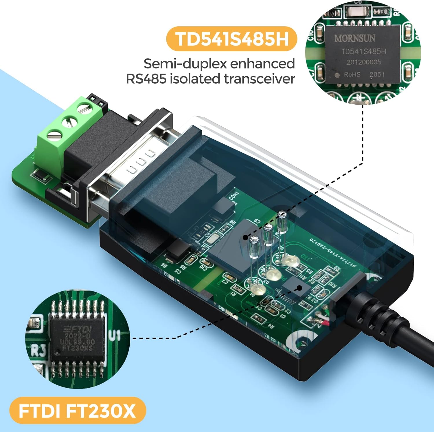 innomaker Industrial USB 2.0 a RS485 Convertidor Adaptador basado en FTDI FTDI FT230 Chip Integrado Protección ESD Soporte Windows 11,10,8 XP Mac Os