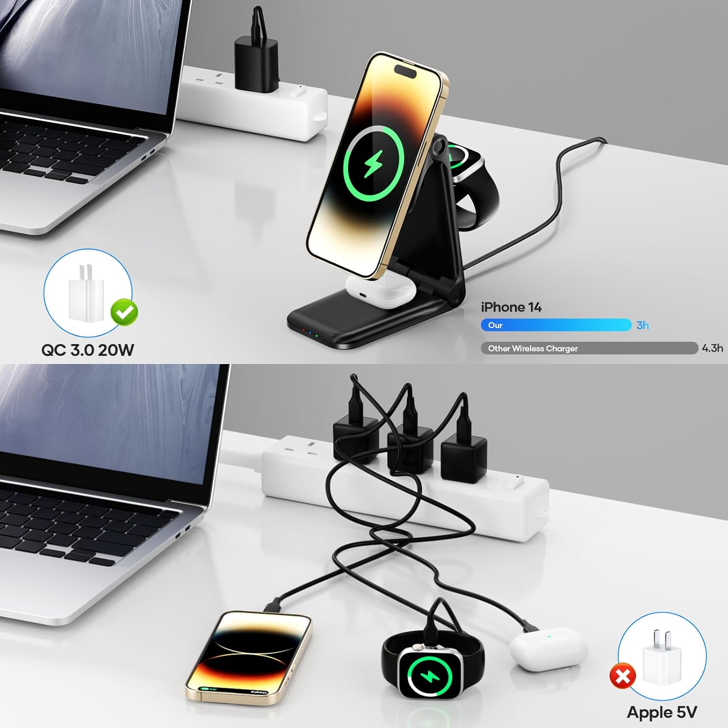 Estación de carga plegable 3 en 1 para dispositivos Apple, estación de carga inalámbrica magnética, soporte de cargador de teléfono y reloj para
