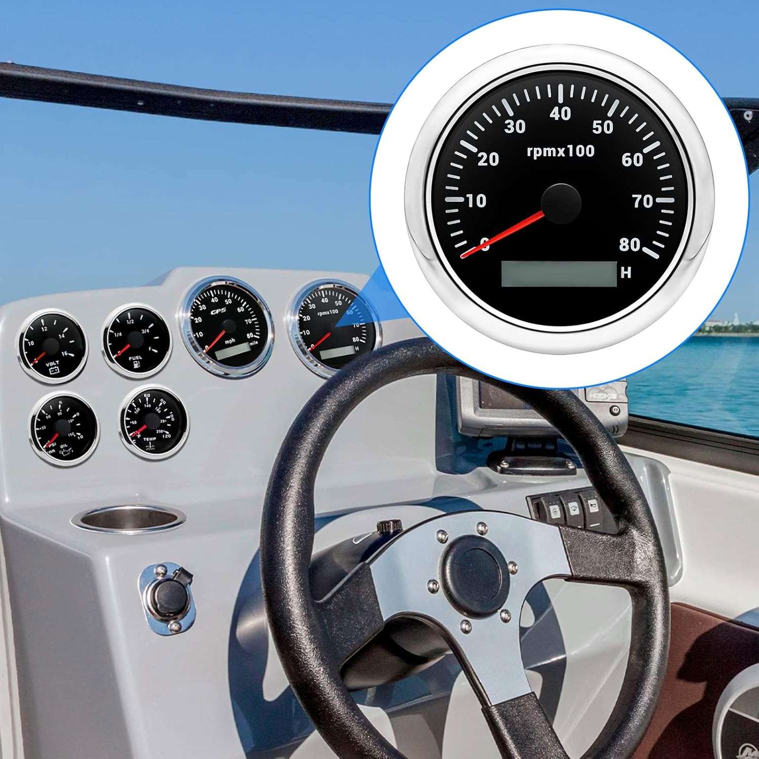 ARTILAURA Tacómetro 3.346 in 3-38 pulgadas, medidor de tacómetro de barco, 7 colores, LED, RPM, tacometro, tacómetros de repuesto automotriz, 8000