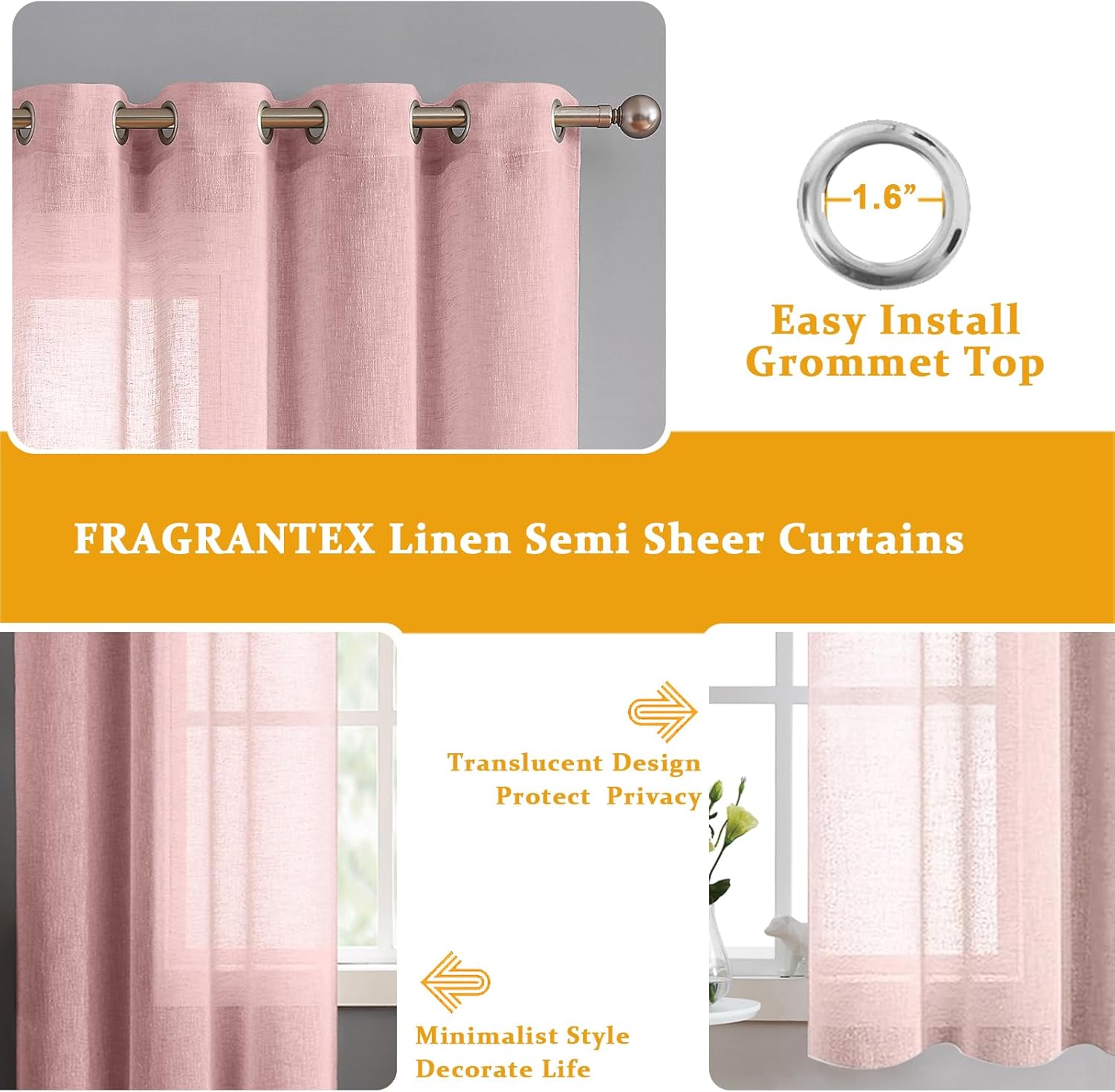 Fragrantex Cortina semitransparente con textura de lino rosa rubor con ojales de 84 pulgadas de largo para dormitorio, sala de estar, patio,