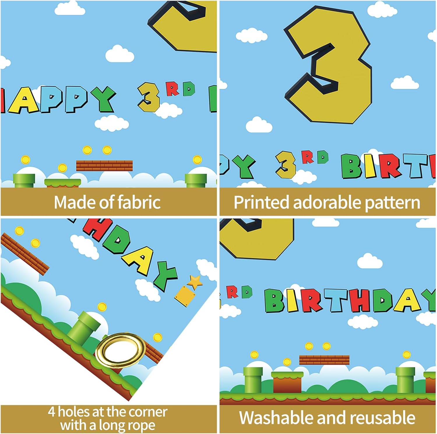 Cartel de tercer cumpleaños de Super Brother, telón de fondo de cumpleaños de videojuegos para niños y niños, suministros de decoración de fiesta de