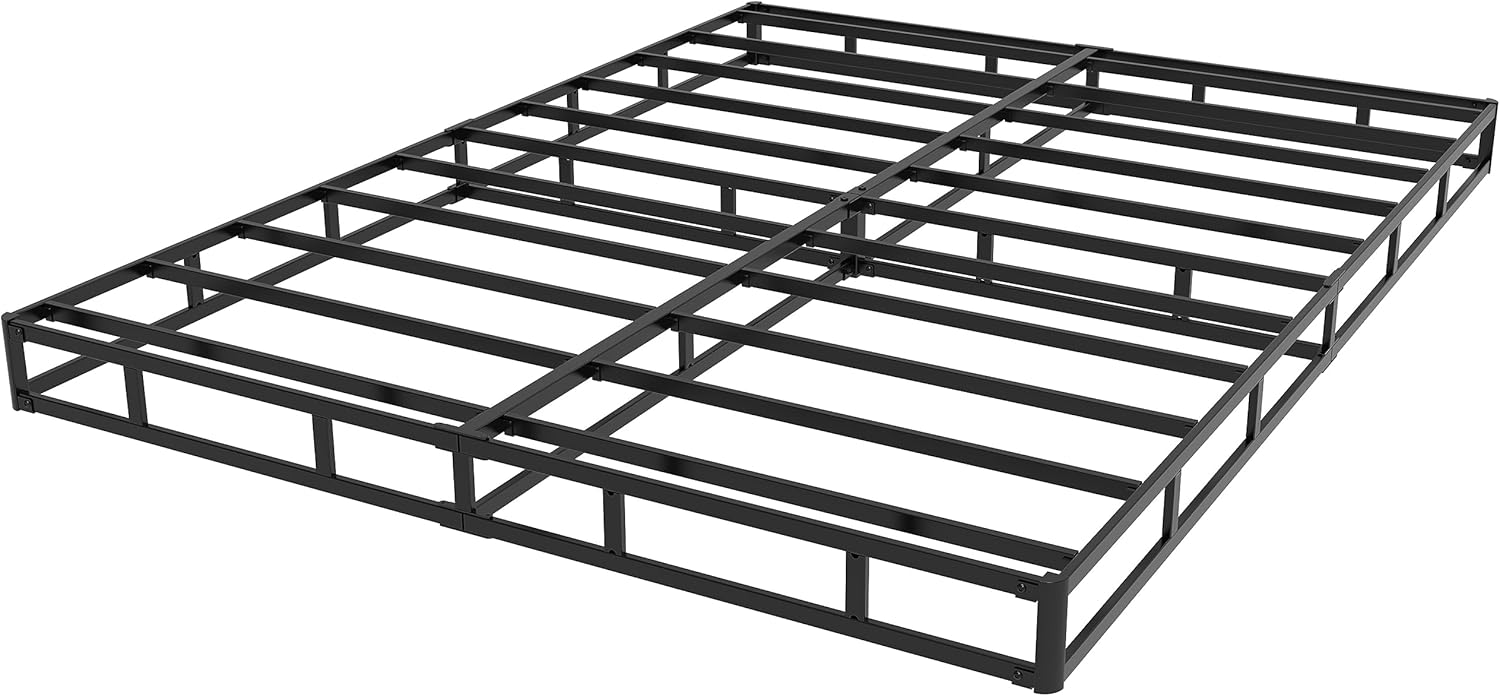 EMODA Base de cama tamaño matrimonial de 5 pulgadas, base de colchón de metal resistente de 3000 libras con funda de tela, fácil montaje, color negro