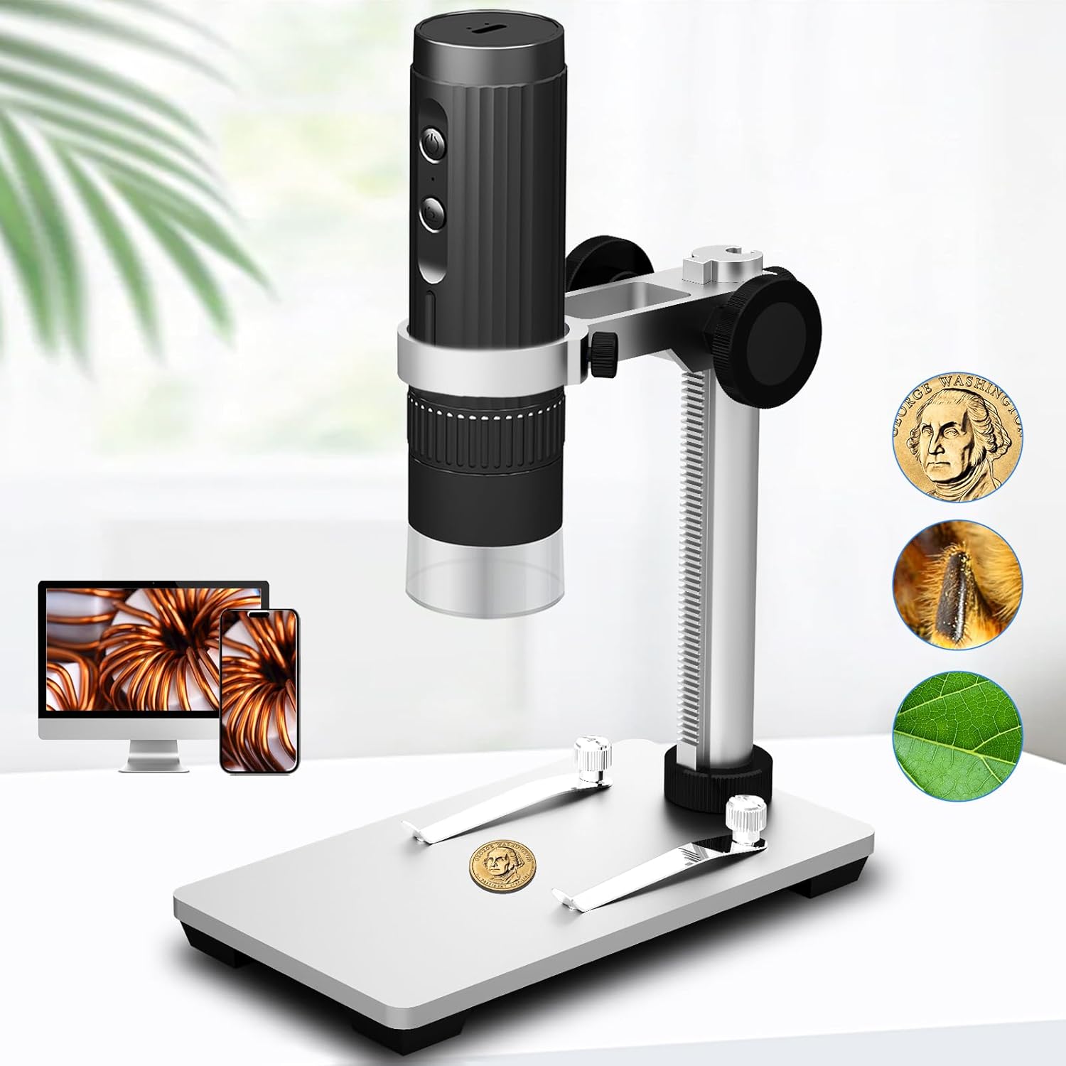 Microscopio digital inalámbrico, aumento 50X-1000X, cámara de microscopio USB de mano con soporte de actualización sin agitación, 8 luces LED