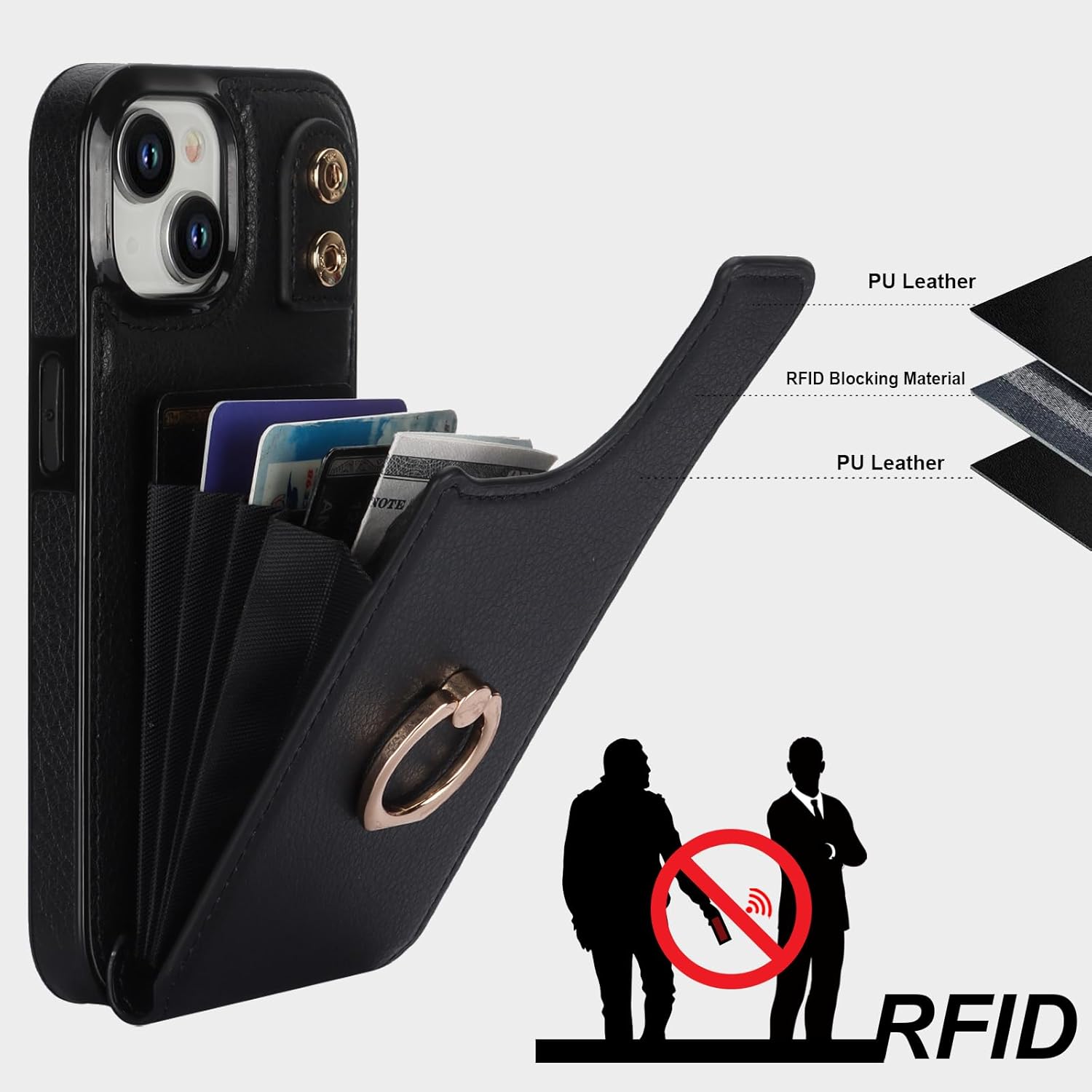 Folosu Funda compatible con iPhone 15 con soporte para tarjetas, rotación de 360, soporte de anillo de dedo con función atril, bloqueo RFID, doble