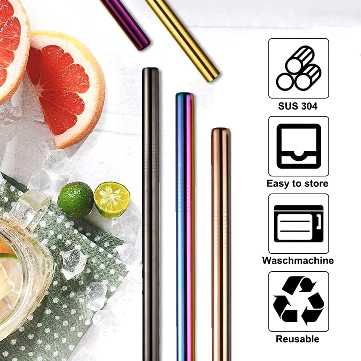 Juego de 7 pajitas Boba reutilizables de 8.5 pulgadas de acero inoxidable 304 con 2 cepillos de limpieza, popote de metal ancho para té de burbujas,