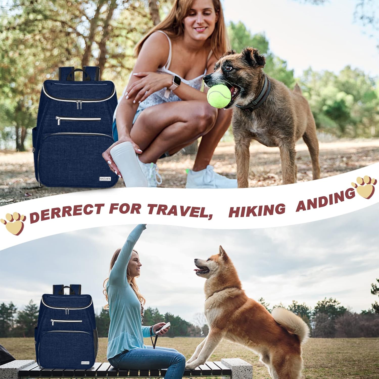 BAGLHER Mochila de viaje para perros, mochila de suministros para mascotas aprobada por aerolíneas, mochila de viaje para perros con 2 cuencos