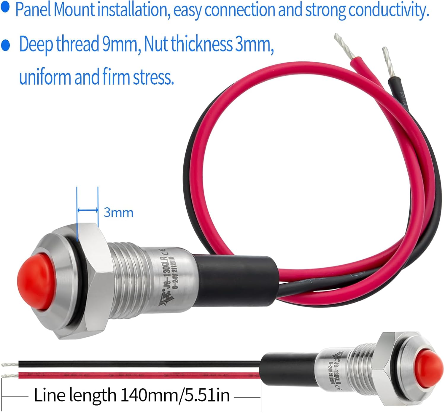 2 mini luces indicadoras de 0.315 in 0.31 pulgadas, 12 V-24 V, LED rojo, impermeable, IP67, cúpula, cabeza alta, lámpara de señal de acero