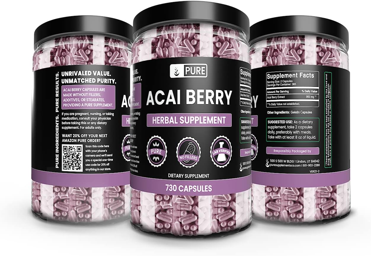 Pure Original Ingredients Acai Berry (730 cápsulas) sin magnesio o rellenos de arroz, siempre puro, verificado por laboratorio