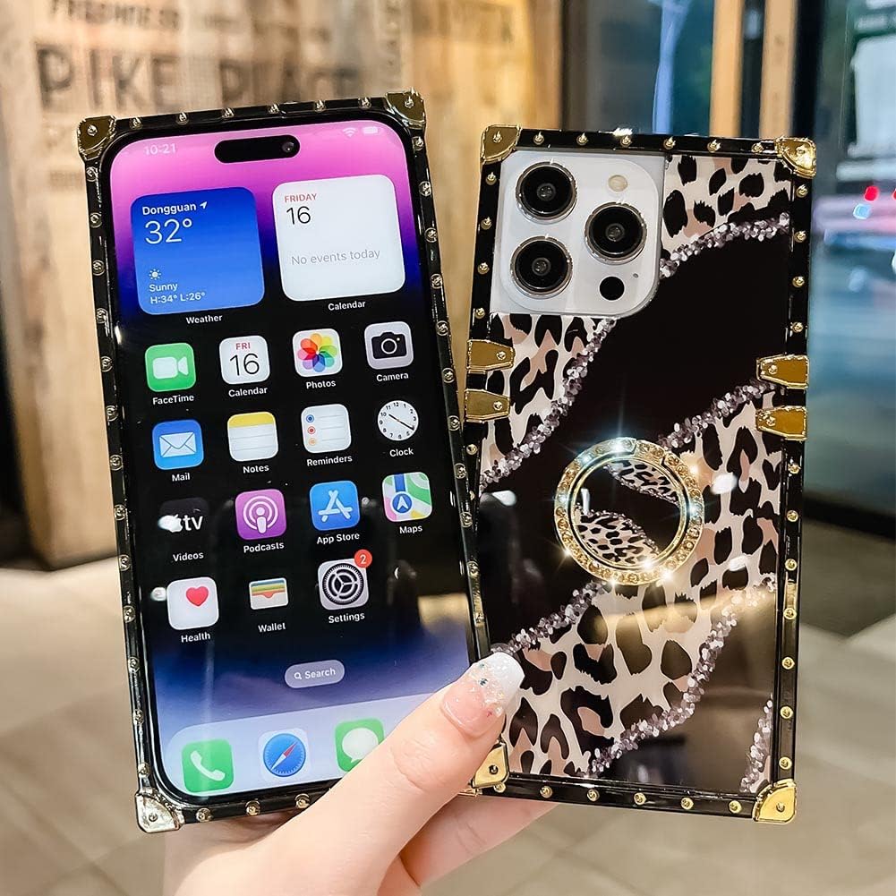 Funda cuadrada de lujo compatible con iPhone 15 Pro de 6.1 pulgadas, funda con soporte de diamante de leopardo, silicona suave y brillante a prueba