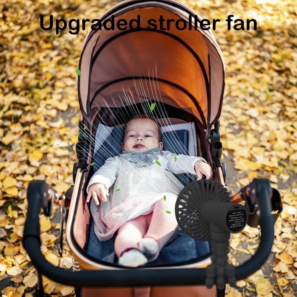 Stroller Fan, 3 Speed Adjustable Portable Fan, USB Rechargeable Battery Powered, Handheld Fan with Flexible Tripod, Suitable for Cribs and