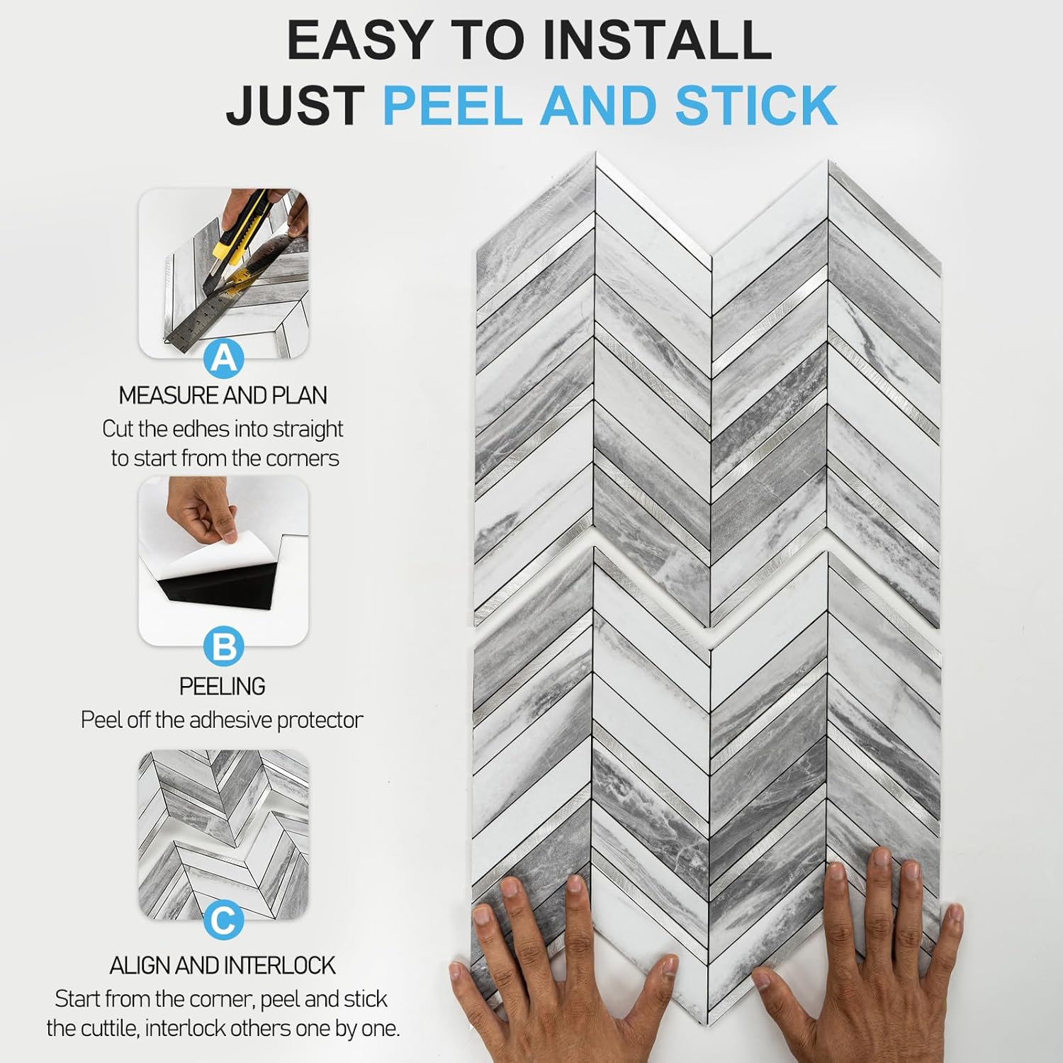 Pelar y pegar, 10 hojas de azulejos de pared de espiga para despegar y pegar de 12.1 x 9.7 pulgadas, azulejos de PVC para salpicaduras de cocina,