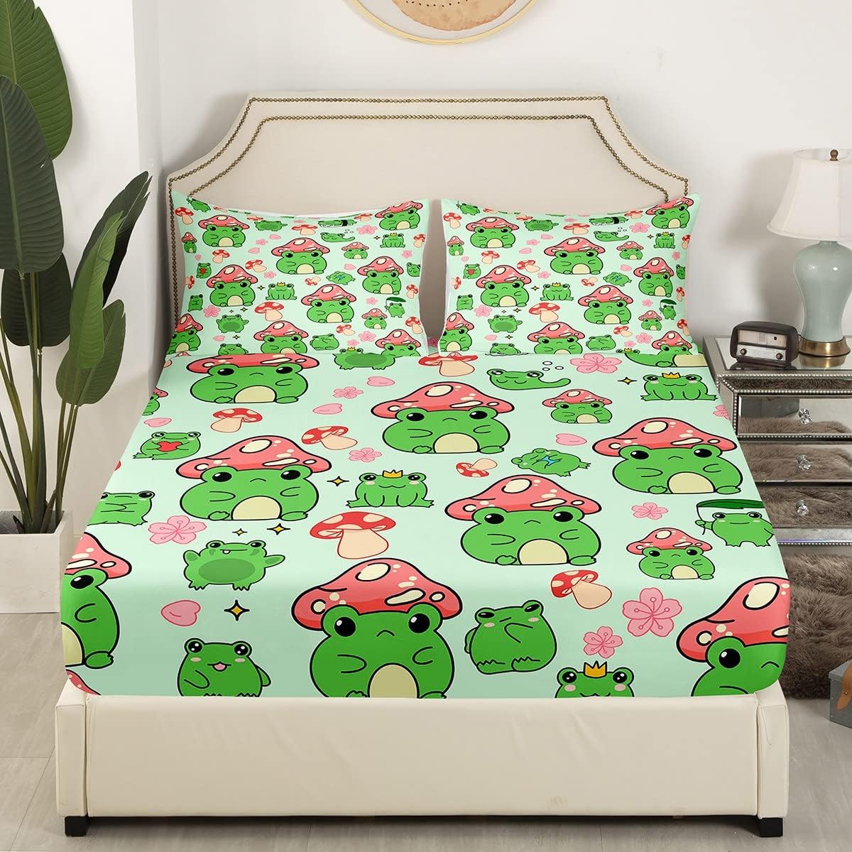 Juego de sábanas de rana con forma de hongo, tamaño individual, juego de ropa de cama de 3 piezas para niños y niñas, decoración de dormitorio de