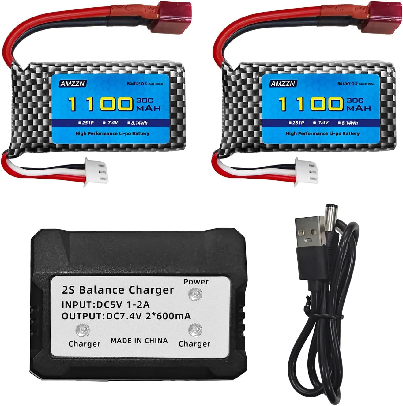 2PCS 7.4V 2S 1100mAh 30C Lipo batería T-Plug con cargador 2 en 1 para 18859 18858 16889 300E 302E HS181 2845 Q903 Q901 110,112,116,118 Coches RC,