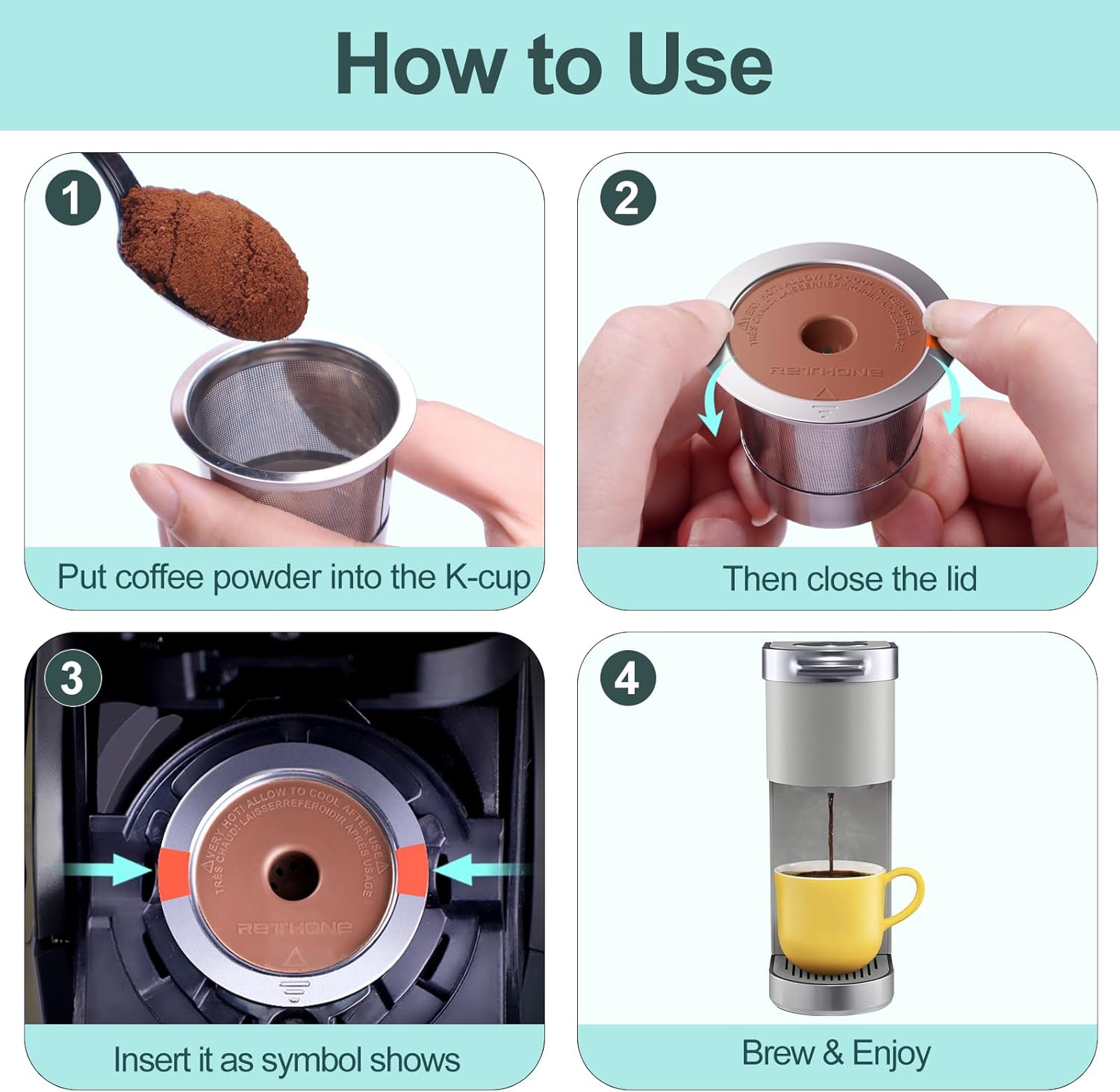 RETHONE K Cup Cápsulas de café reutilizables compatibles con cafeteras Keurig 1.0 y 2.0, cafeteras K Cups reutilizables universales de acero