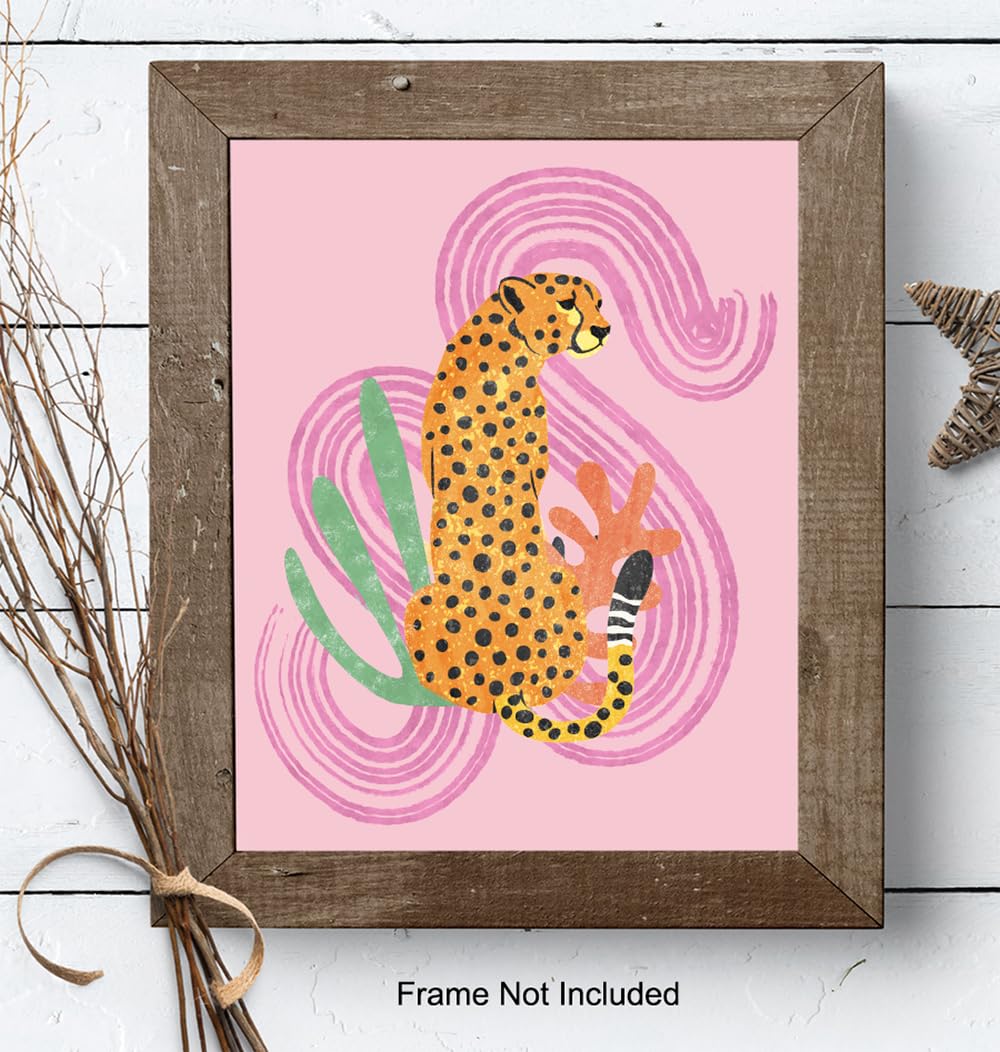 Mid Century Modern Abstract Cheetah LARGE 11×14 – Pink Boho Wall Art – Minimalist Gallery Wall Decor – Aesthetic Room Decor – Bohemian Bedroom Decor