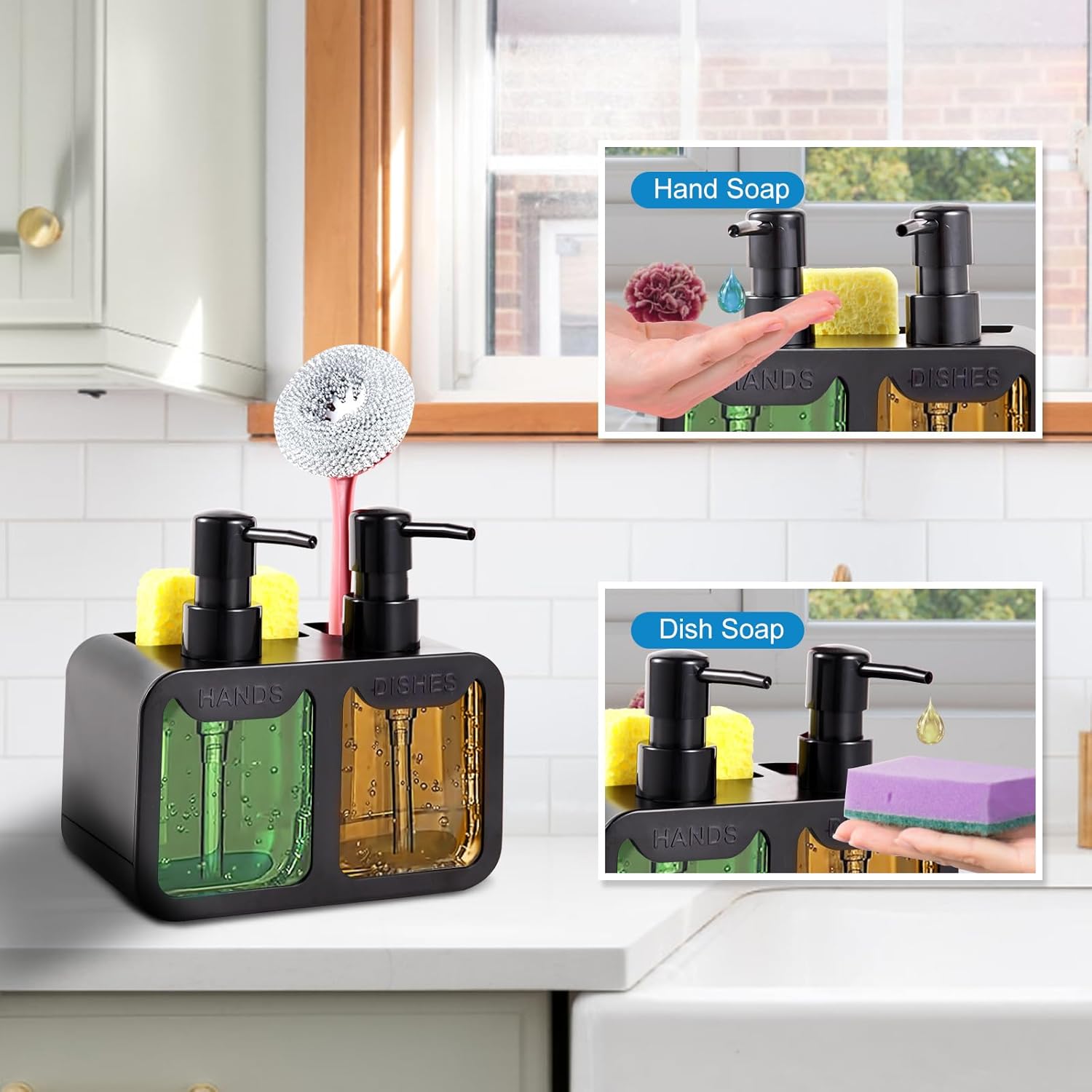 Juego de dispensador de jabón de cocina, con jabón de manos y platos, organizador de esponja y soporte para cepillo 4 en 1, dispensador de jabón