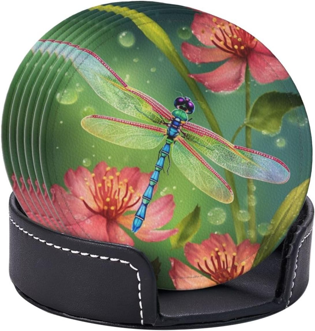 Juego de 6 posavasos de cuero con soporte para bebidas con estampado de libélulas y flores, posavasos redondos para decoración de mesa auxiliar