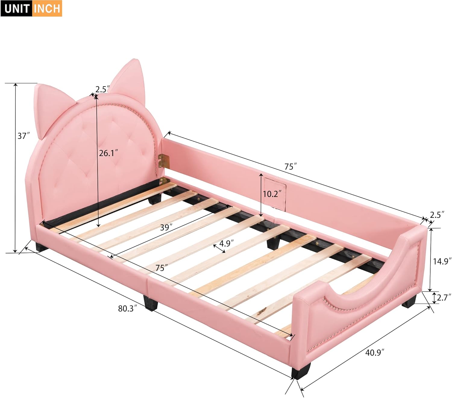 Merax Sofá cama tapizado de tamaño individual con cabecero de orejas de conejo, marco de cama de plataforma para niños, dormitorio infantil, no