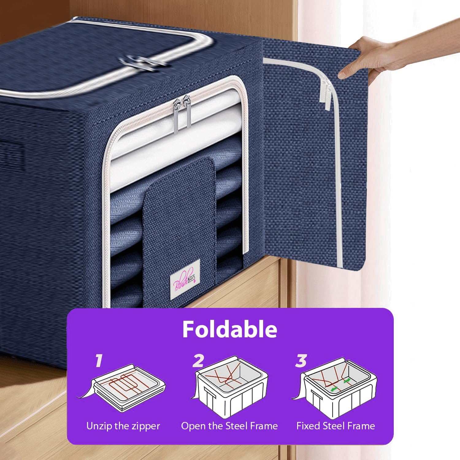 Blushbees Cajas de almacenamiento plegables de tela Oxford para ropa, colchas, lino con soportes de metal (paquete de 4 cajas, tamaño grande de 20 x