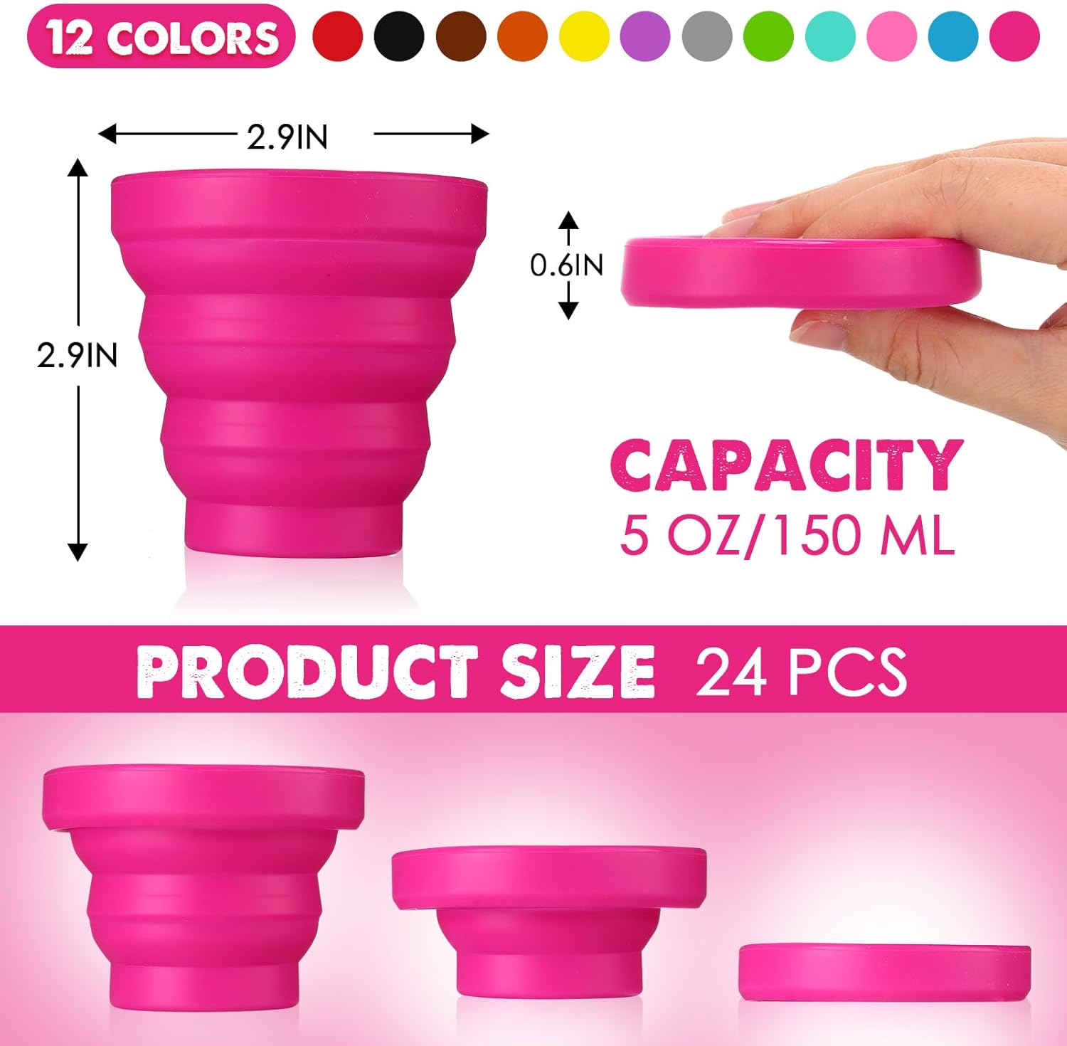 Umigy 24 vasos plegables de silicona para viajes, portátil, coloridos, reutilizables, plegables, expandibles, para niños, viajes, senderismo, 12