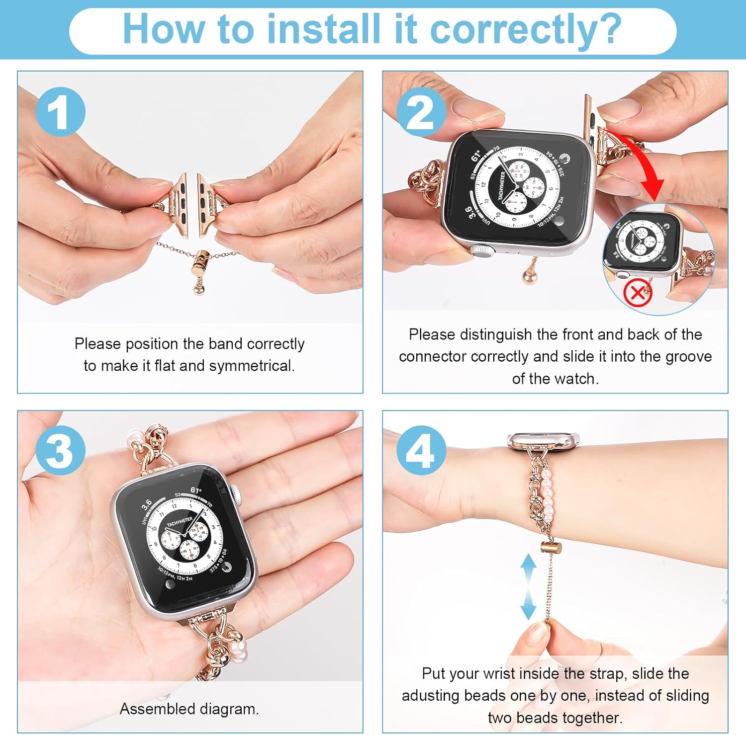 Correa de lujo con cuentas para Apple Watch Band de 1.496 in, 1.575 in, 1.614 in, 1.654 in, 1.772 in, 1.772 in para mujer, correa de repuesto