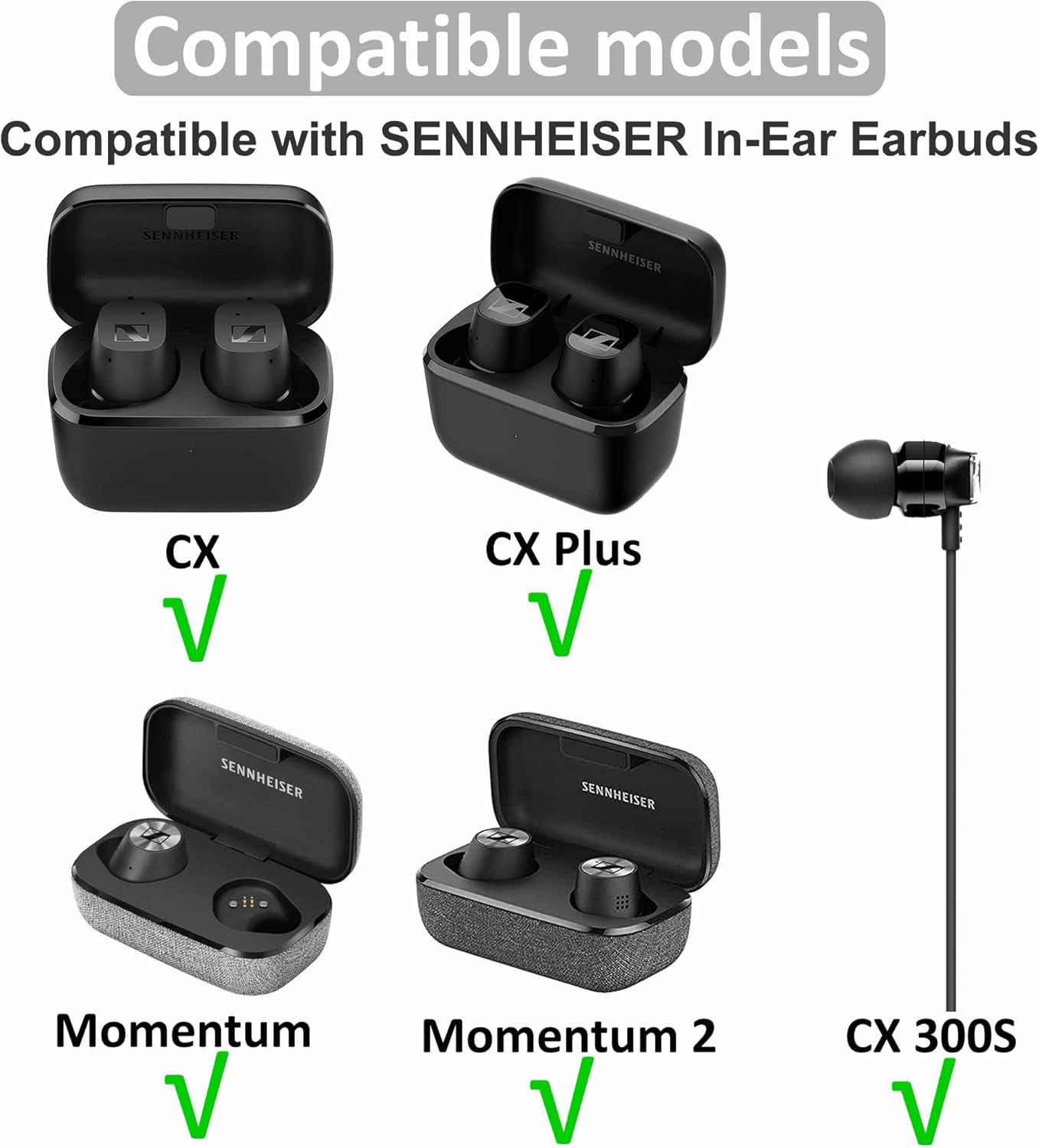 8 pares de almohadillas compatibles con Sennheiser CX PlusMomentum 2, XSSML 4 tamaños de repuesto de silicona suave y flexible accesorios