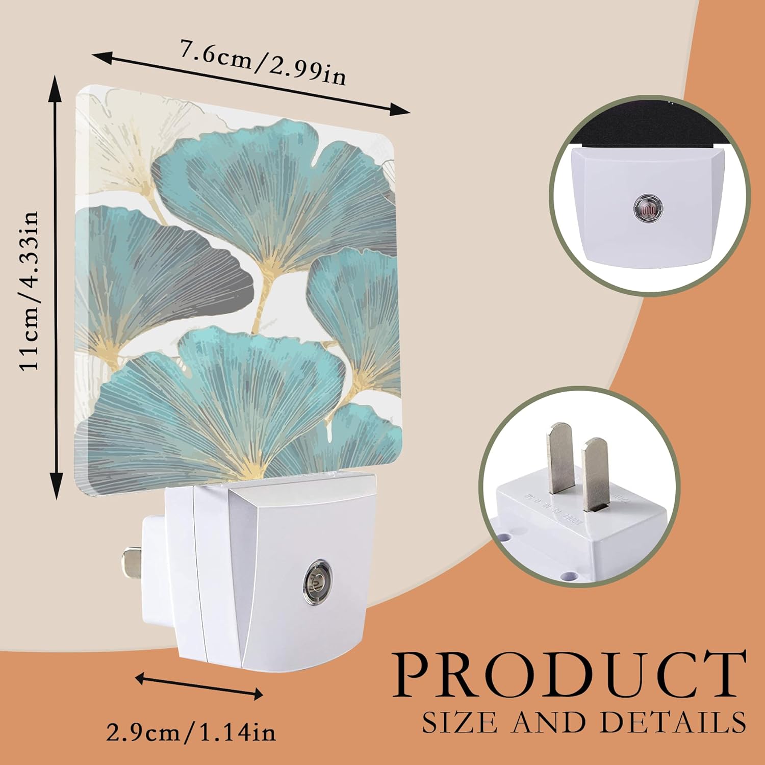 Luz nocturna, hojas de ginkgo verdes, luces nocturnas enchufables a la pared para niños y niñas, luz nocturna decorativa media redonda, lámpara LED