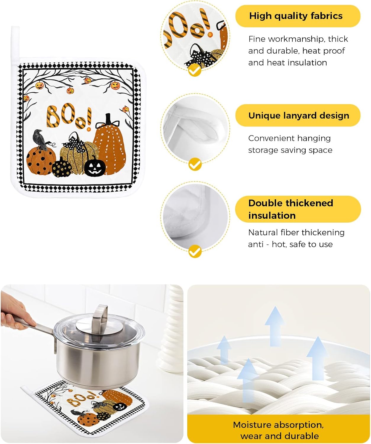 3 Packs Halloween Pumpkins Pot Holders Sets for Kitchen,Oven Pan Plate Bowl Pads Heat Proof Mat with Hanging Loop,Thick Terry Cloth Potholders for