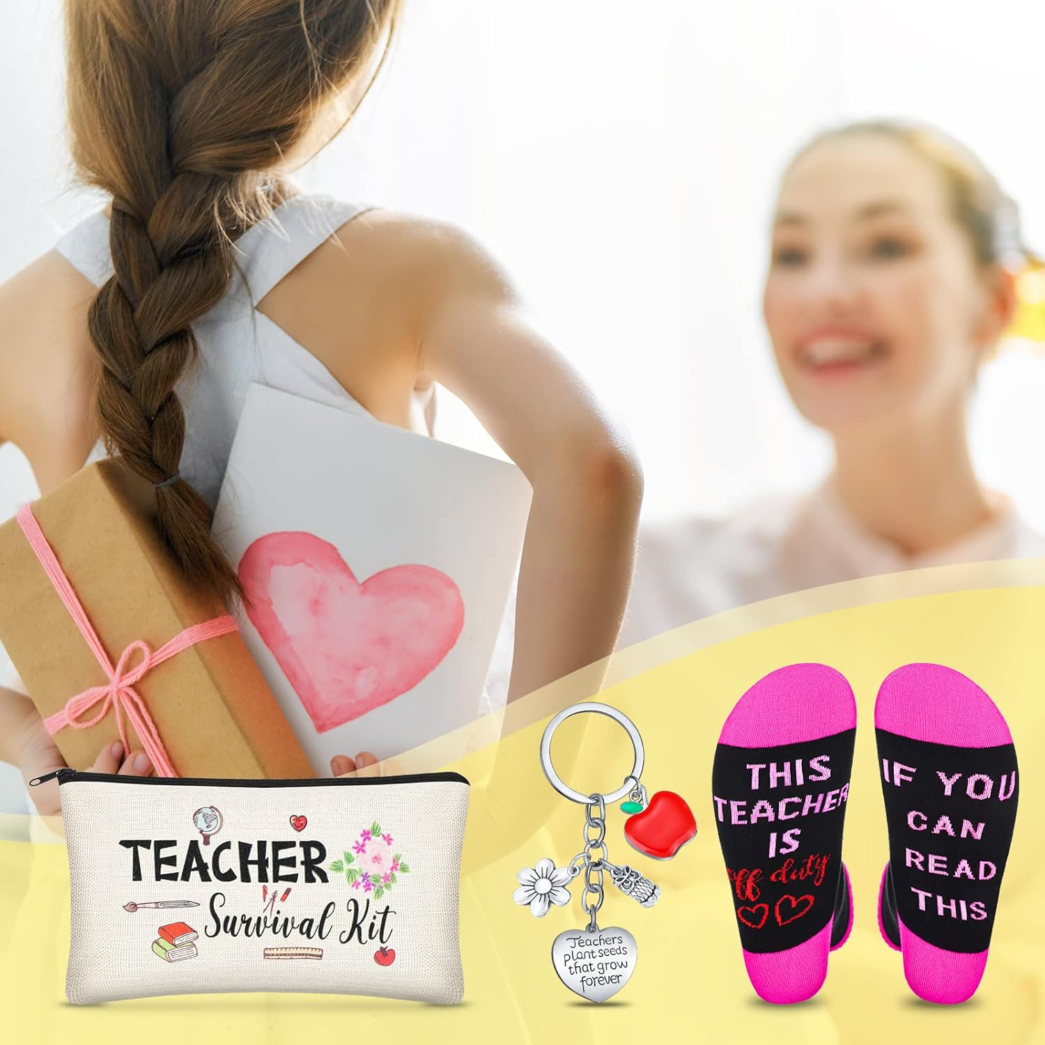 9 piezas de regalos de agradecimiento para profesores, regalos de Navidad, 3 calcetines para profesores, 3 bolsas de maquillaje, 3 llaveros para
