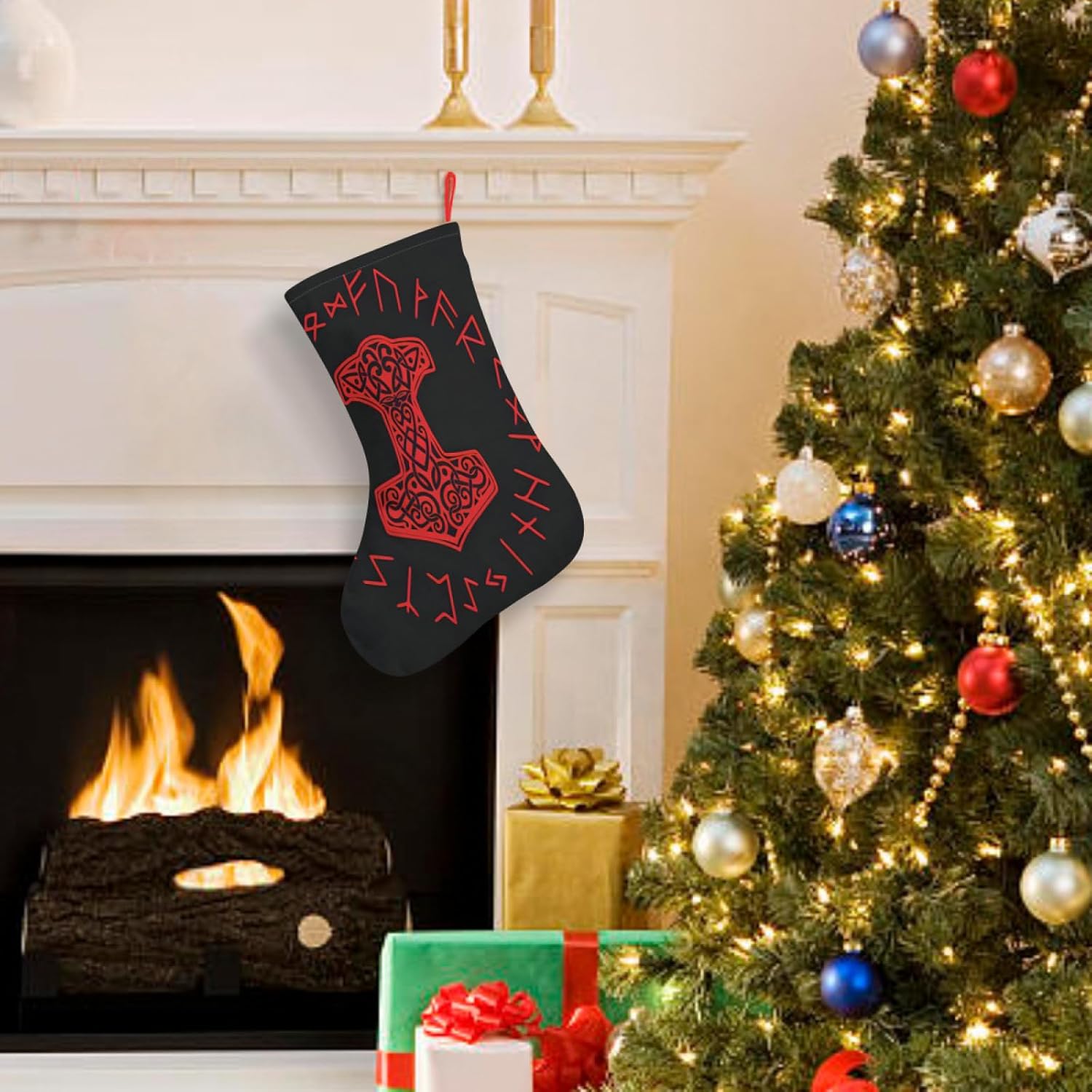 Medias de Navidad vikingas Mjolnir, rueda de runa nórdica, símbolo de mitología nórdica, árbol de Navidad, decoraciones colgantes para regalos (10