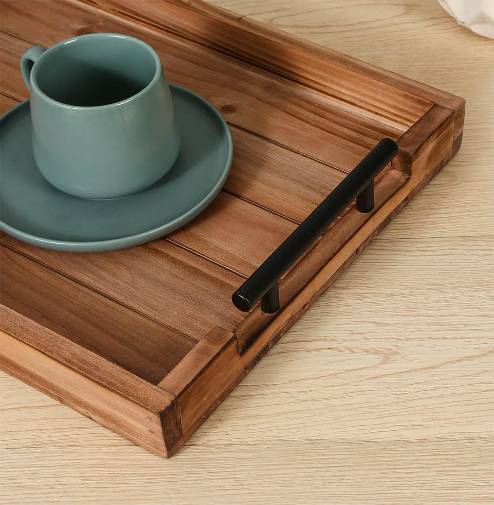 Juego de 2 bandejas decorativas de madera vintage anidadas con mango de metal para comer, desayuno, cocina, bandejas otomanas, mesa de centro y