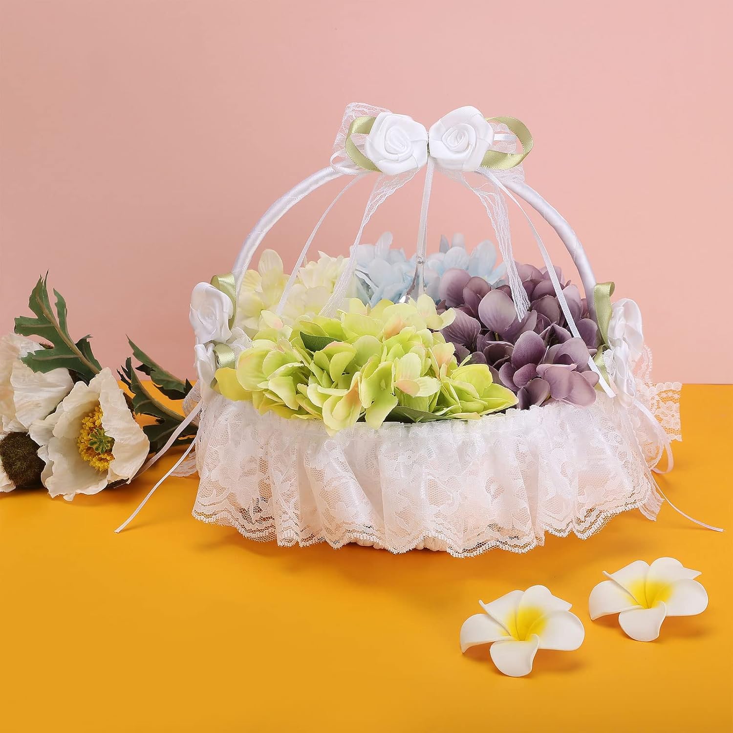 Cestas de flores de marfil para bodas, cesta de niña de flores decorada con encaje, flores de satén y cristal artificial, cestas de boda grandes