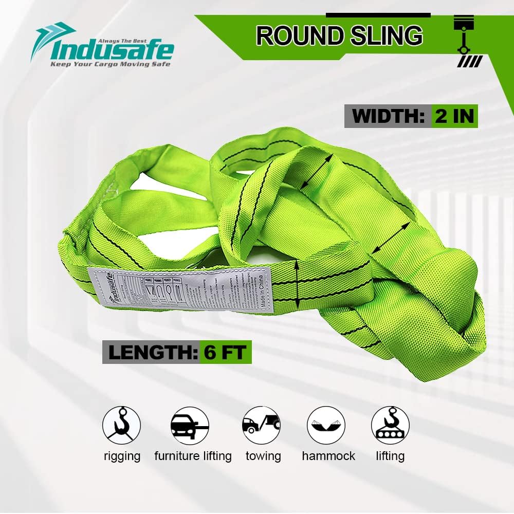 Indusafe Correas de elevación redondas sin fin de poliéster verde, 9 pies de longitud, 5,300 lb. Capacidad vertical, cesta de 10,600 libras