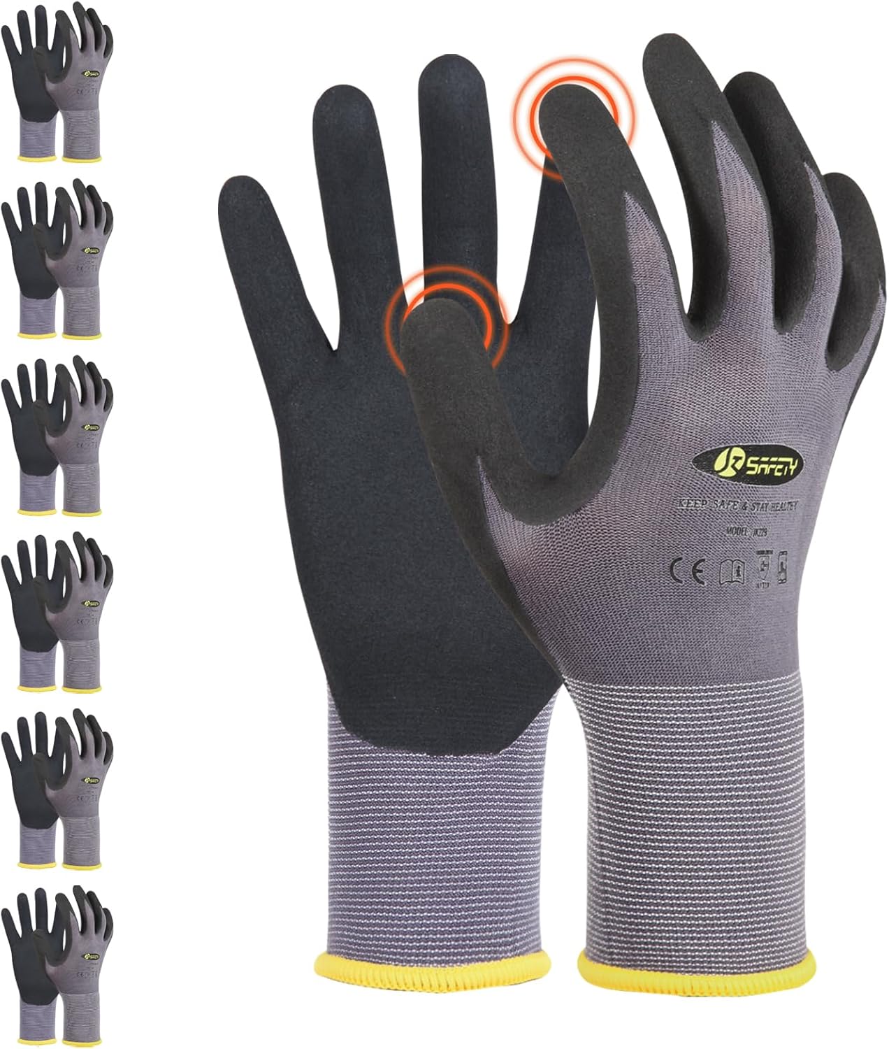 JKSafety Sandy MicroFoam – Guantes de trabajo de seguridad de nitrilo con capacidad para pantalla táctil, 6 pares de guantes de trabajo ligeros,