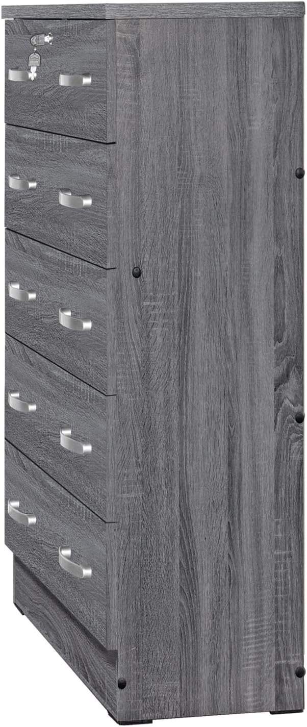 Better Home Products Cindy – Cómoda de madera con 5 cajones con cerradura en color gris