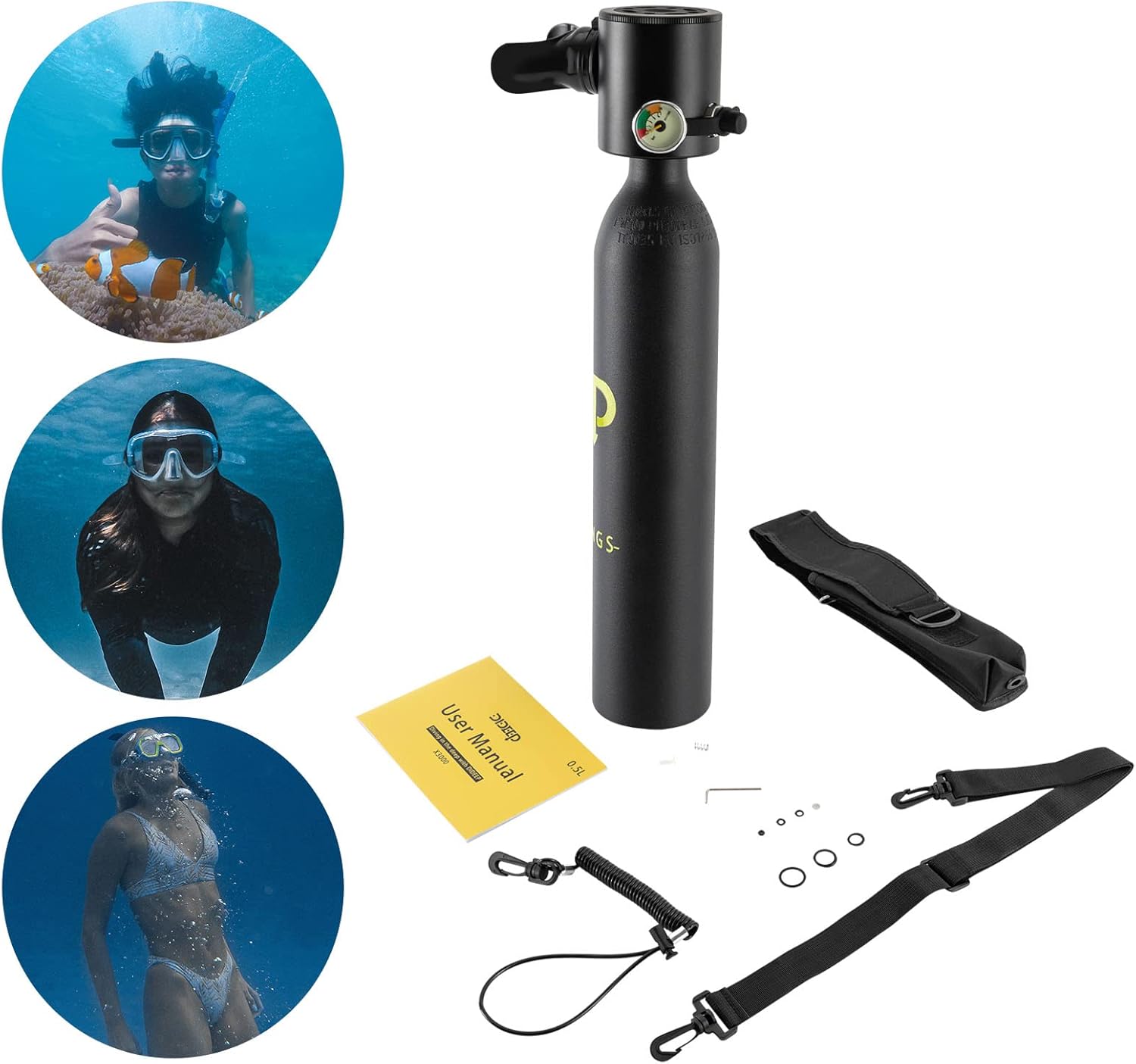 Mini tanque de buceo conjunto de buceo, equipo de buceo inflable de 0.5L, tanque de oxígeno para respiración subacuática, constante con válvula de