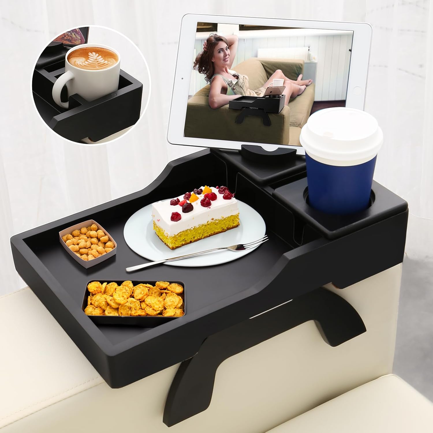 BAMBOOTRAY Mesa de brazo para sofá, bandejas de TV plegables multifunción con soporte giratorio de 360 para teléfono y almohadilla, bandeja de mesa