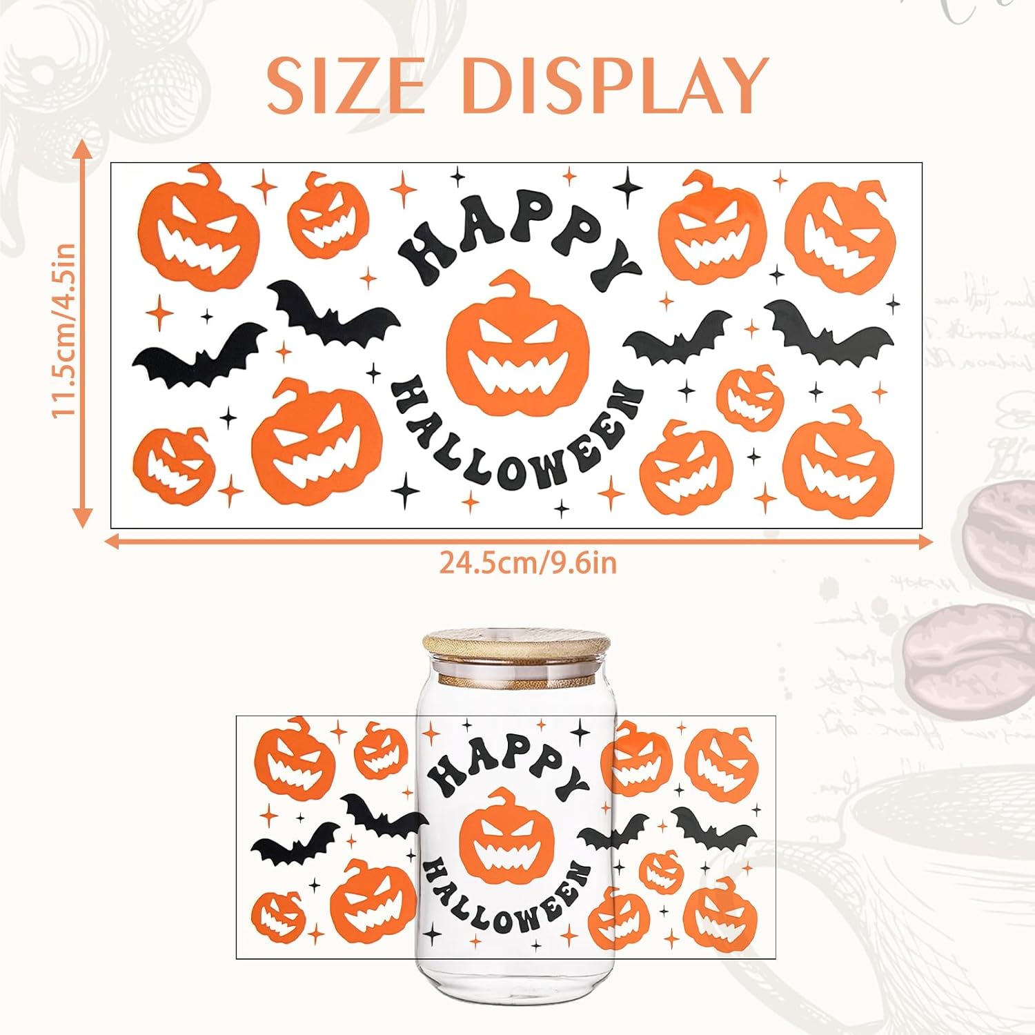 Envoltura de taza DTF UV para Halloween, 12 hojas de calcomanías de transferencia impresas de calabaza de Halloween para UV DTF, calcomanías de