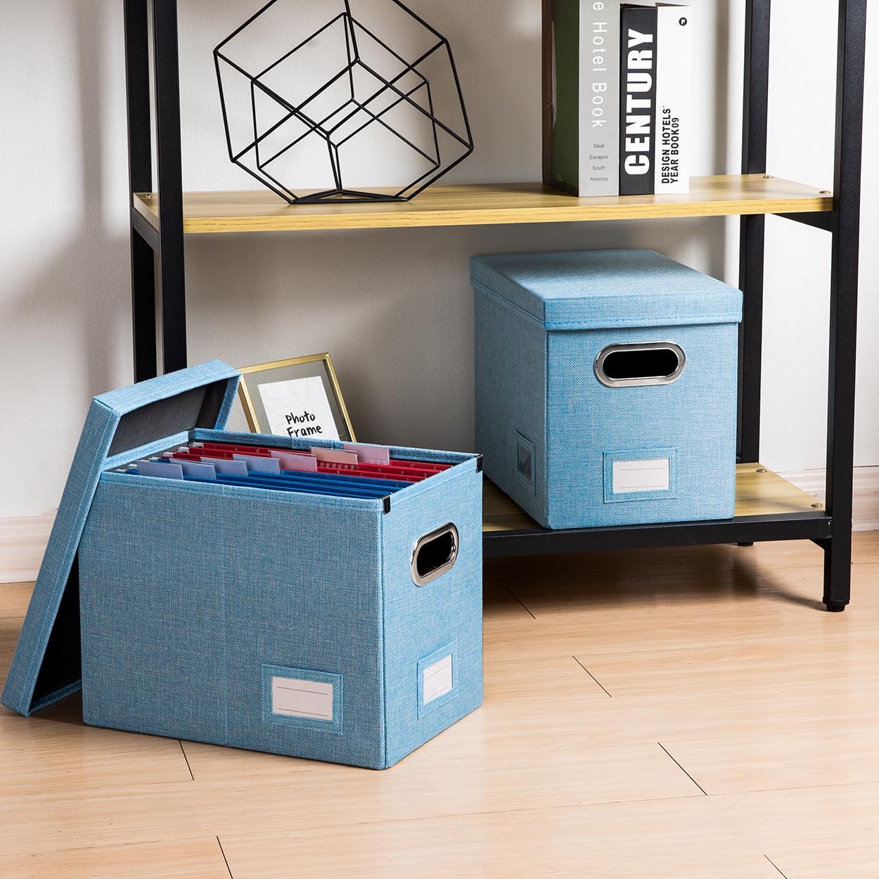 PRANDOM Caja organizadora de archivos, juego de 2 carpetas plegables decorativas de lino para almacenamiento de archivos colgantes con tapas,