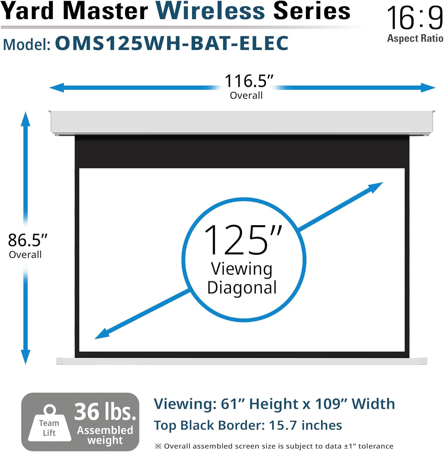 Elite Screens Yard Master Wireless, 125 pulgadas Diag. Pantalla de proyector motorizada para exteriores 169, batería de iones de litio recargable