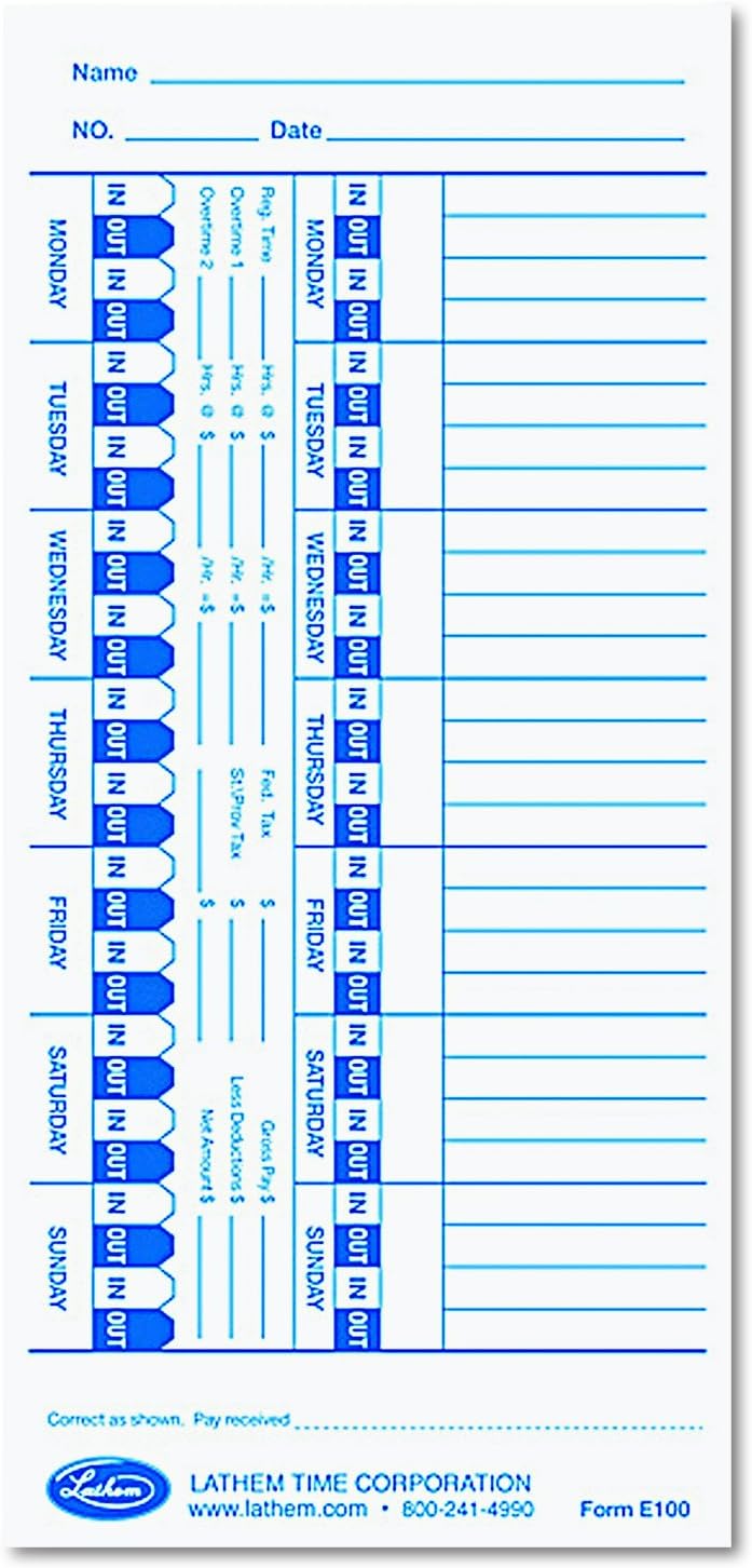 Lathem Tarjetas de tiempo para relojes electrónicos de impresión lateral, semanalmente, 100 caras, 4 x 9 pulgadas, caja de 100