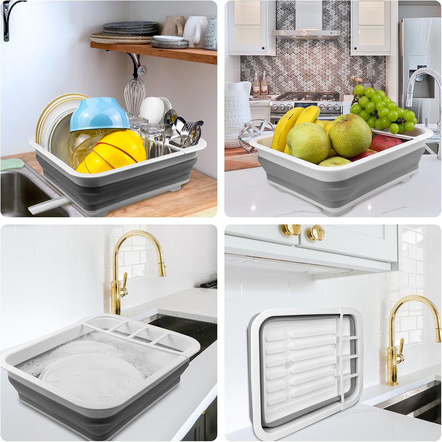 Escurridor de platos plegable portátil para encimera de cocina, tapones de drenaje y puertos de drenaje giratorios, ahorro de espacio, adecuado para