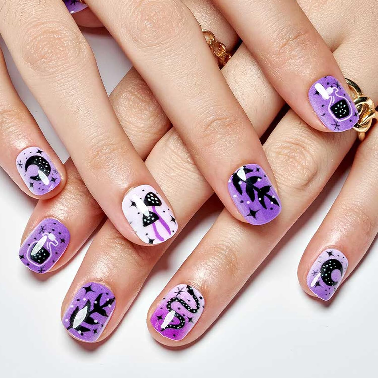 GLAMERMAID – Uñas postizas extra cortas a presión, uñas de gel con pegamento de serpiente y hongos góticos, 24 unidades, redondas, reutilizables,